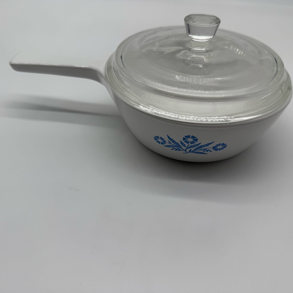 White Glass Saucepan with Blue Floral Design